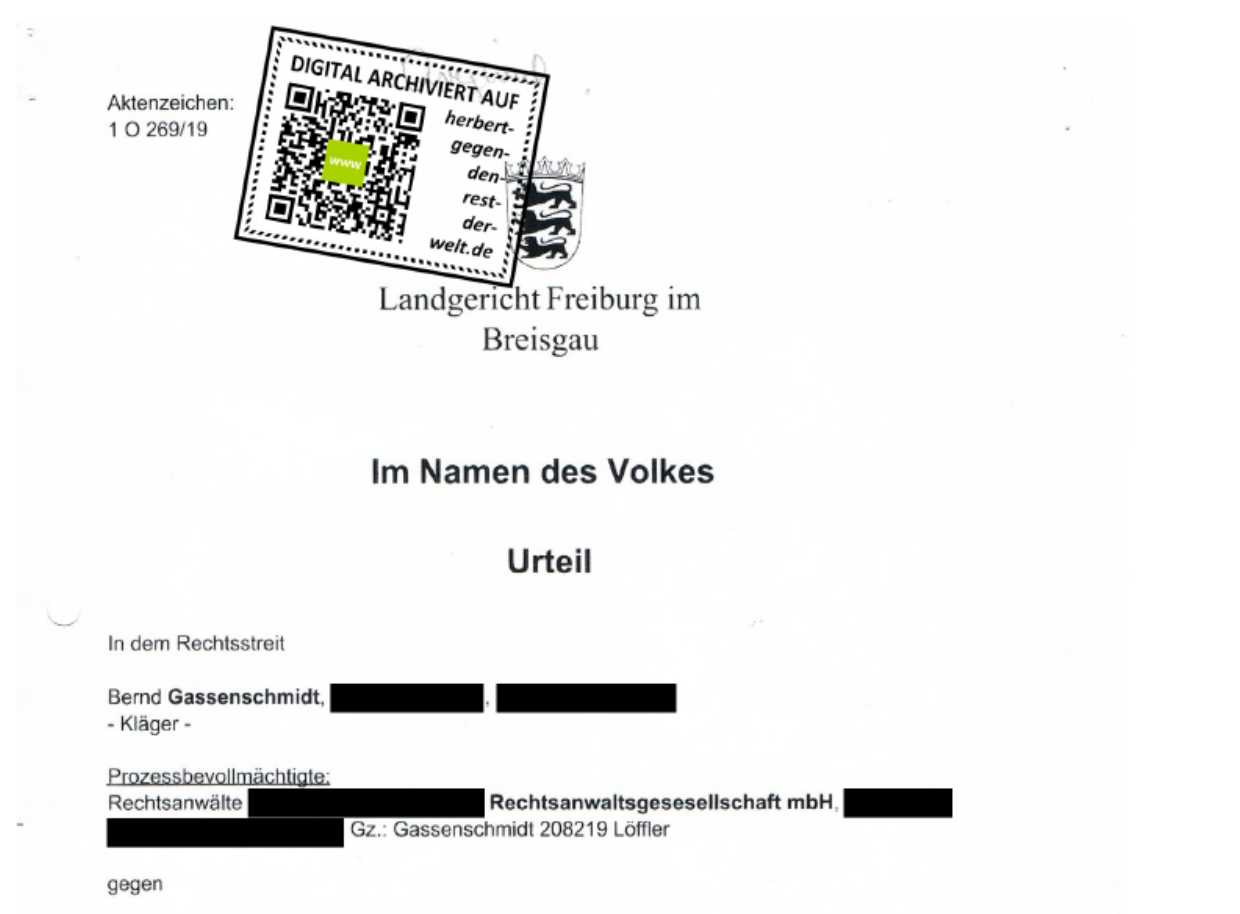 Landgericht Freiburg AZ 1 O 269-19 (Urteil vom 16.11.2020 HERBERT LÖFFLER, Ausschnitt)
